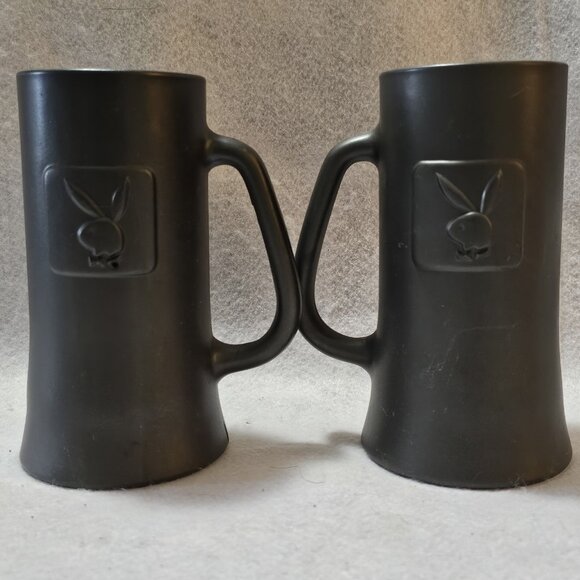 2 Vintage Playboy Ceramic Mugs, Matte Gray Black 6  1/4” Tall Tankard - Picture 1 of 7